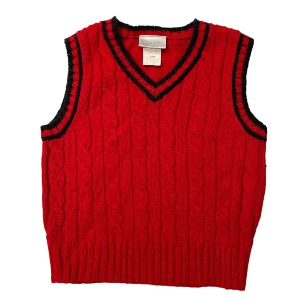SAMARA V-Neck Pullover Sweater Vest Boy's Size 24 Months Red Navy Trim Christmas